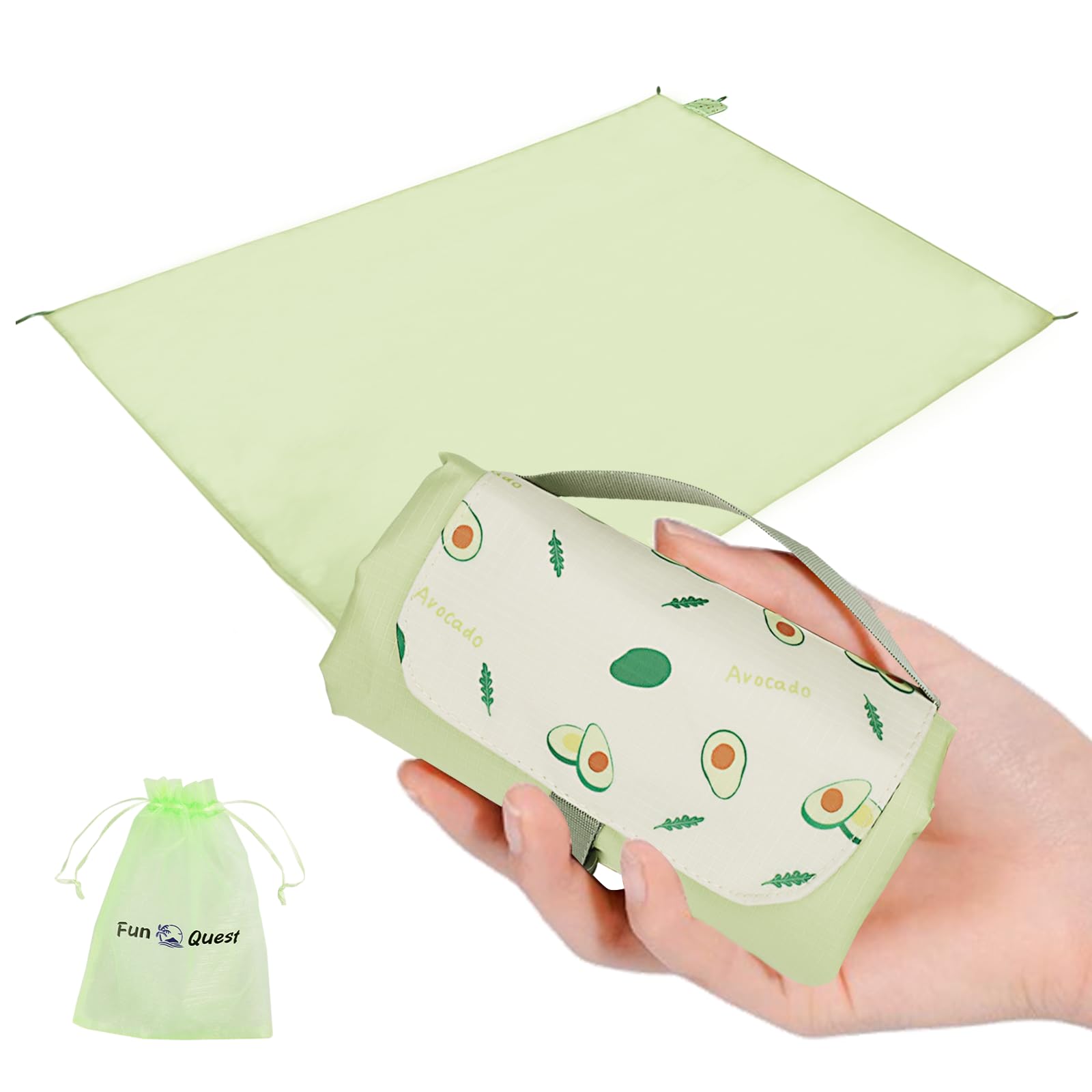 Fun Quest Picnic Blanket Waterproof – Packable Sand Proof Beach Blanket (0.42lb/0.66lb), Compact & Foldable, Fits in Pocket with Integrated Stakes, Ideal for Camping, Hiking, Travel, Concert, Festival