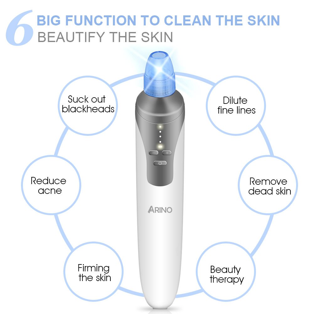 ARINO Aspirazione Viso Pulitore Punti Neri Comedone Facial Pore Cleaner Pulizia Viso Elettrico Estrattore Acne con 4 Testine Detergenti Intercambiabili per Esfoliazione Cura della Pelle Naso Donne Uomini Antirughe USB Ricaricabile Bianco