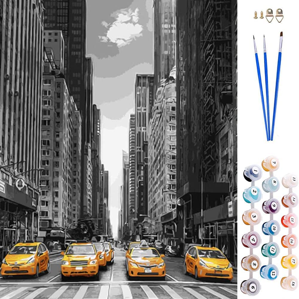 DIY Paint by Numbers for Adults Children, ABEUTY New York Street & Yellow Car 16x20 inches Number Painting Art Therapy