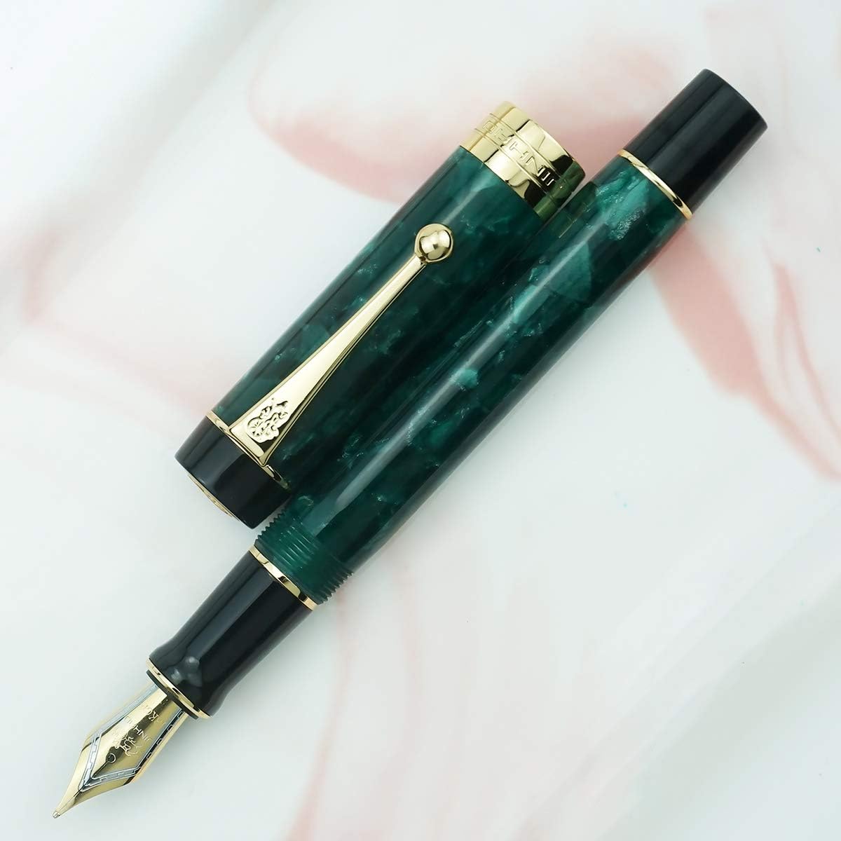 Jinhao 100 Classic Fountain Pen Green Celluloid, Medium Nib with Converter and Pen Case Set