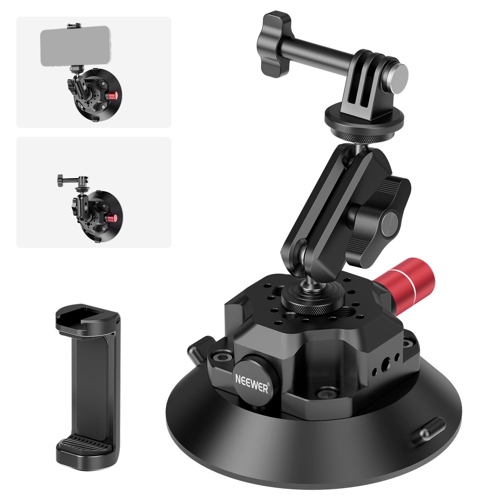 NEEWER 4.5"" Suction Cup Camera Mount with Ball Head Magic Arm, 1/4"" 3/8"" ARRI Holes, Quick Release Car Mount with Holder & Action Cam Adapter Compatible with DJI Insta360, CA105