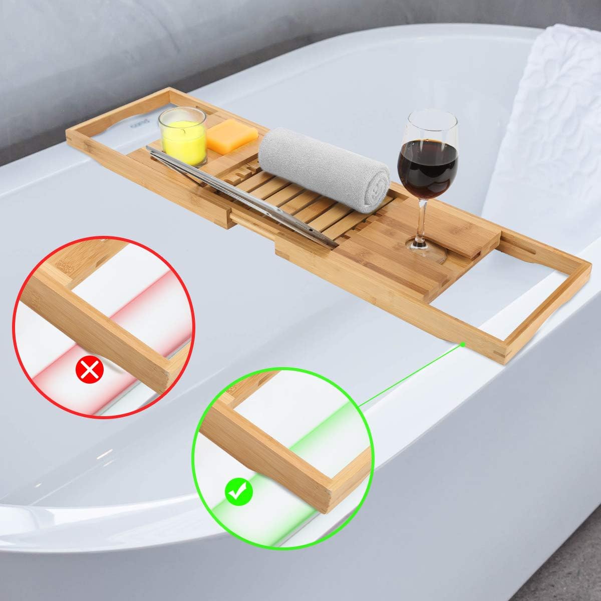 Woodluv Extendable Bath Tray, Bathtub Caddy Tray with Wine Glass, Candle, Book Holder, iPad & Phone Holders, Bathroom Accessories - Image 5