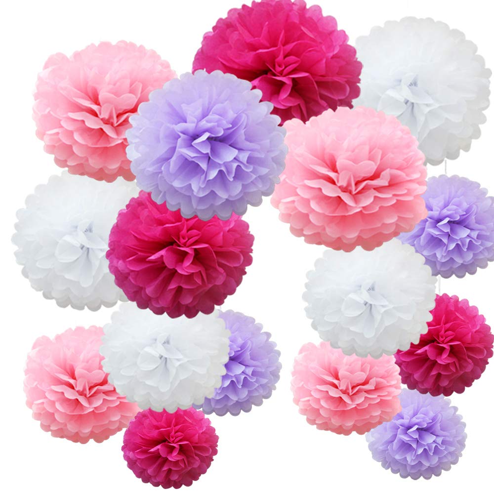 Time to Sparkle 16pcs Mix Tissue Paper Pompoms Pom Poms Flower Handmade Wedding Party Decorations Balls, Purple Shade