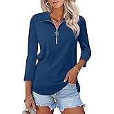 TICTICMISS Women's 3/4 Length Sleeve Tops Collared V Neck T Shirts Polo Zipper Summer Shirts