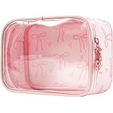 Lestikave Pink Bow Clear Makeup Bag for Women Girls,Small Transparent Nylon Cosmetic Bag for Purse Organizer Fit Carry-on Travel Essentials(05Pinkbow Pink)