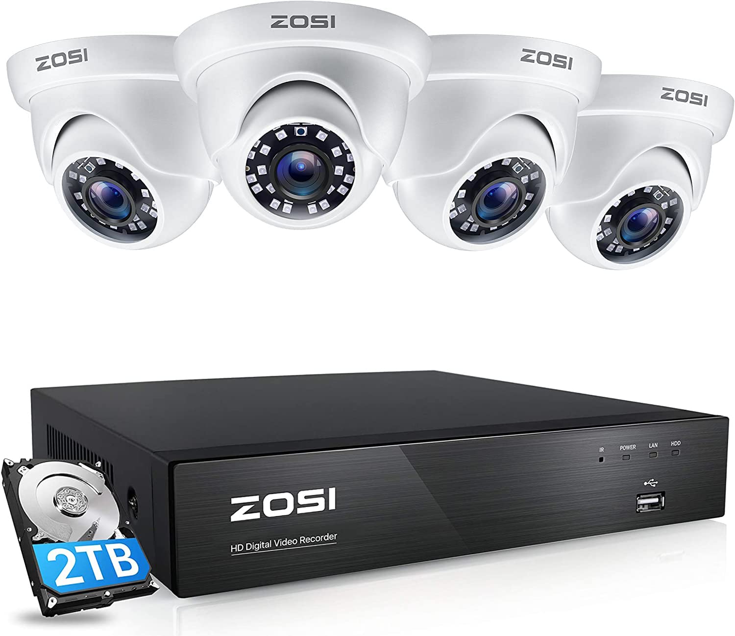 ZOSI Ultra HD 4K Outdoor Security Camera System, 4 Channel H.265+ CCTV DVR Recorder with 4 x 4K 8MP Dome Camera Kit Weatherproof, 150ft Night Vision, 2TB Hard Drive, Remote Access