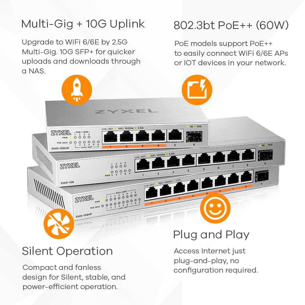 Zyxel Netzwerk Switch 8 Port | Unmanaged Multi Gigabit LAN Splitter | 8X 2.5 Gbit + 1x 10Gb SFP+ Ports | Lüfterlos Design | Plug and Play Einfach Installation | Desktop oder Wand Montage | XMG-108 4
