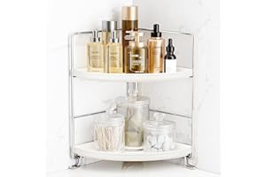 FSyueyun 2-Tier Corner Bathroom Counter Organizer, Tool-Less Installation Vanity Shelf Small Plastics Countertop Makeup Tray Skincare Perfume Organizers (Silver)