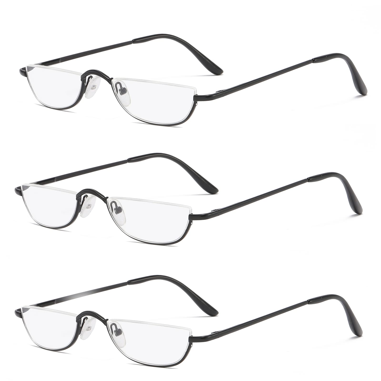 KoKoBin 3 Pack Half Frame Reading Glasses Spring Hinges for Men Women Slim Half Moon Lens Readers Metal Semi Rimless eyewear (3 Black, 1.00) — image 1
