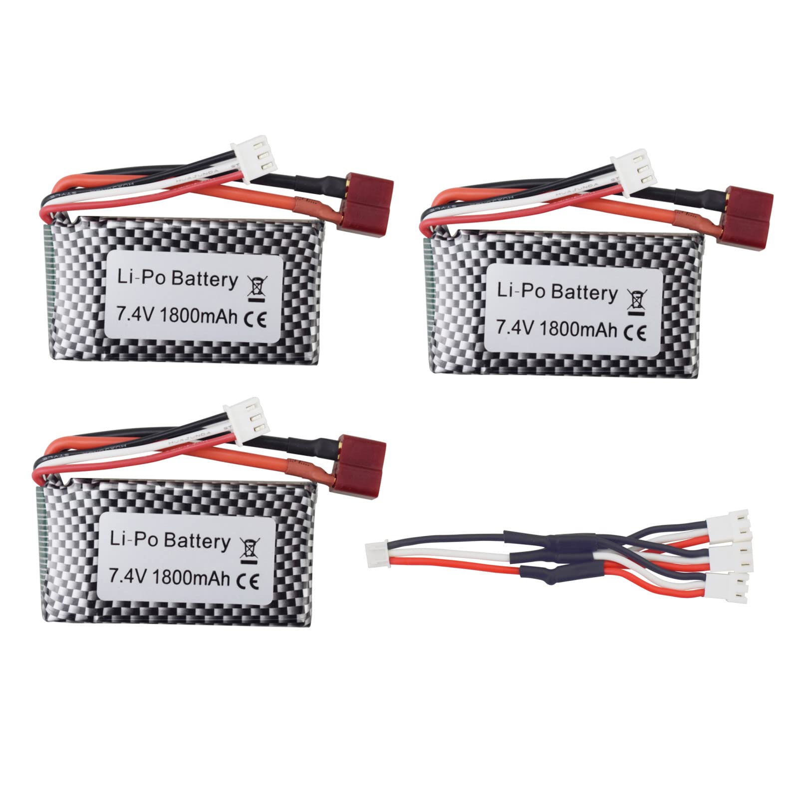 ZYGY 3PCS 7.4V 1800mah T-head high-rate lithium battery with 1 to 3 conversion cable for WLTOYS A959-B A969-B A979-B K929-B 144001