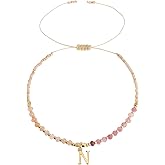 Frigotine Gold Beaded Natural Stone Initial Bracelets for Women, Boho Handmade Pink Personalized Gemstone Beads Letter Name Adjustable Bracelet Summer Jewelry Gift