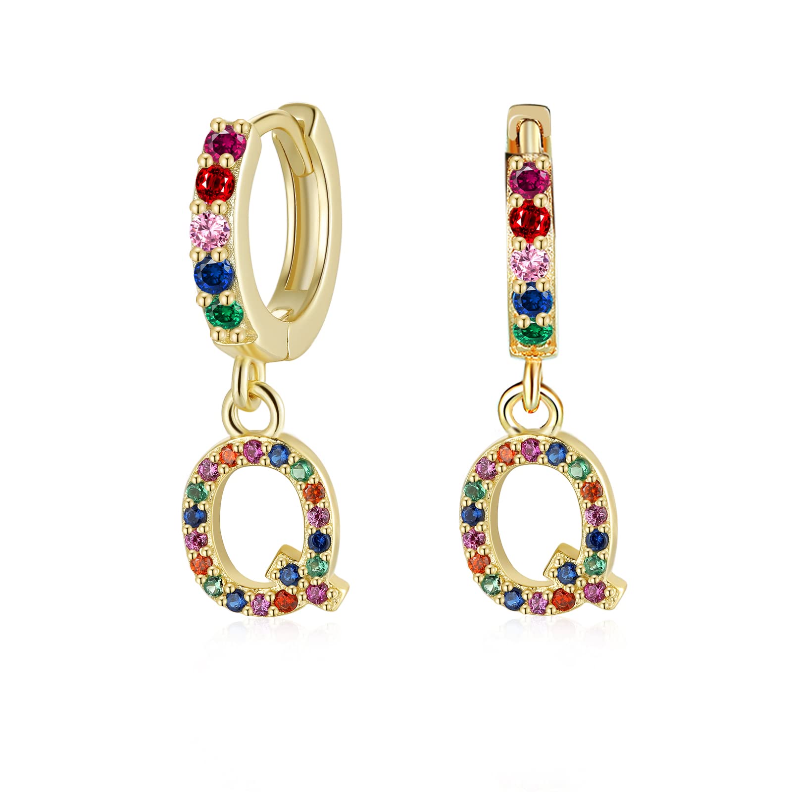 Qings Drop Dangle Q Initial Earrings Gold Plated Hypoallergenic CZ Hoop Earrings