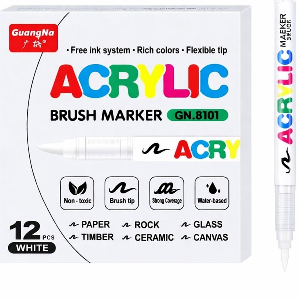 SYACOLOR 12 White Acrylic Markers, Flexible and Precise Fine Tip, Opac Ink Layerable, Colouring Book, Glass, Ceramic, Rock, Wood, Stone, Fabric Painting (12)
