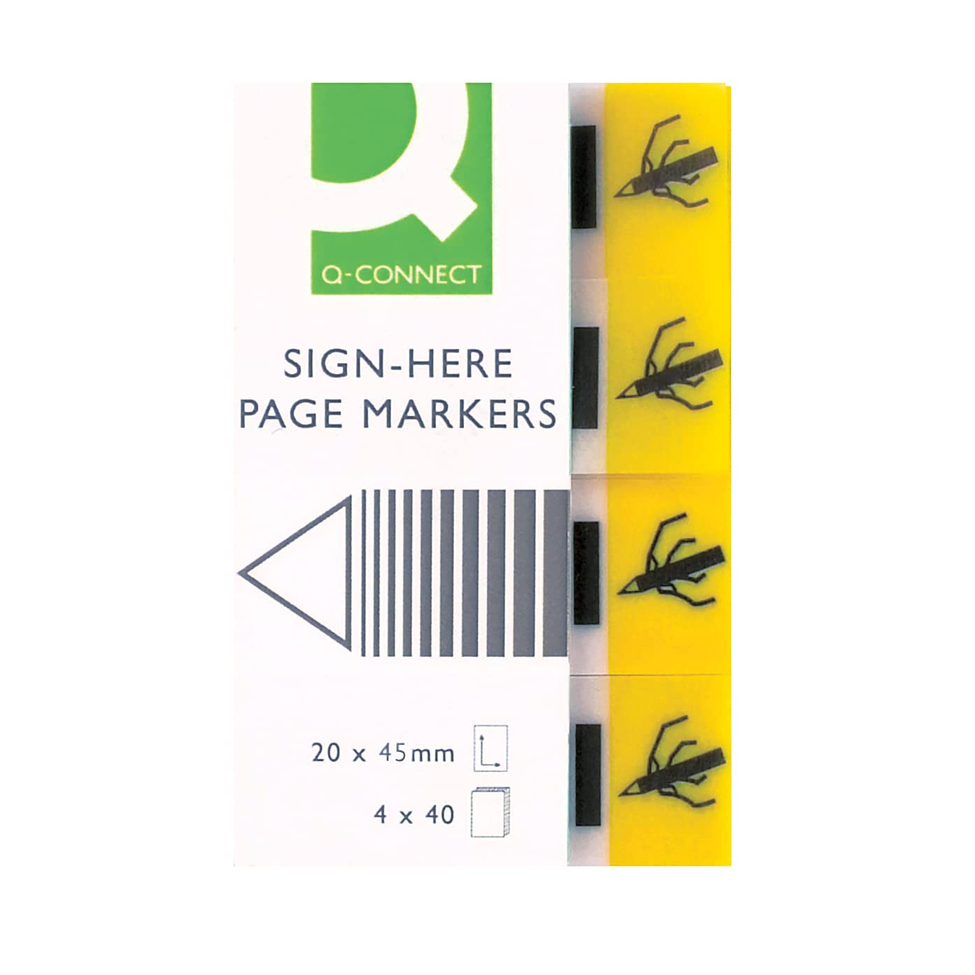 Filing Index Tabs Q-CONNECT Paper Sign-here 20x45mm,4x40 Sheets Yellow/Paper and Labels/Type-Standard/Shape-Standard/Material-Paper/Colour-Yellow/Dimensions (mm)-20x45