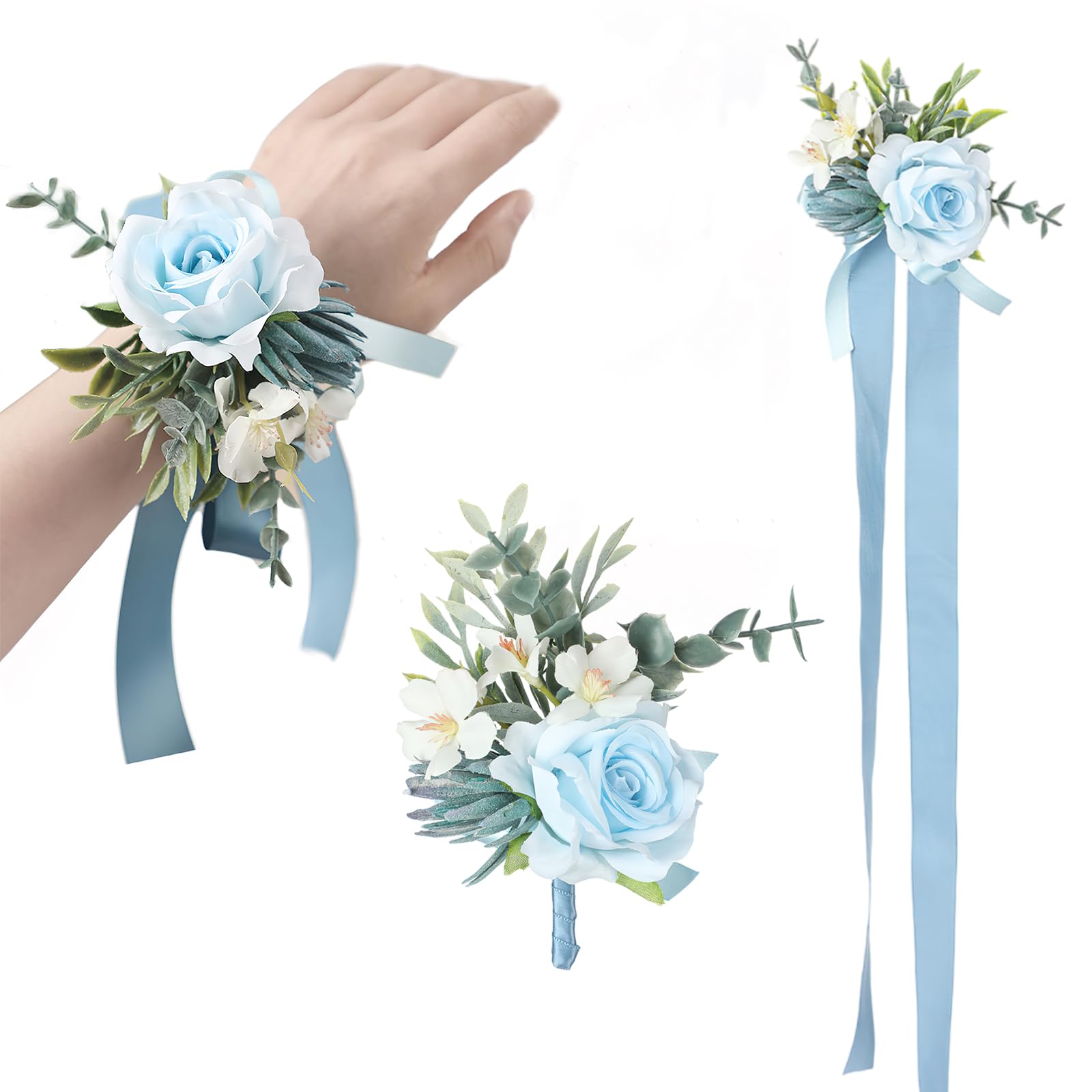 Photo 1 of Boxkat 2 Pcs Light Blue Artificial Rose Wrist Corsage and Boutonniere Set Groom Groomsmen Bride Bridesmaids for Wedding Flowers Accessories Homecoming Party Prom Decorations