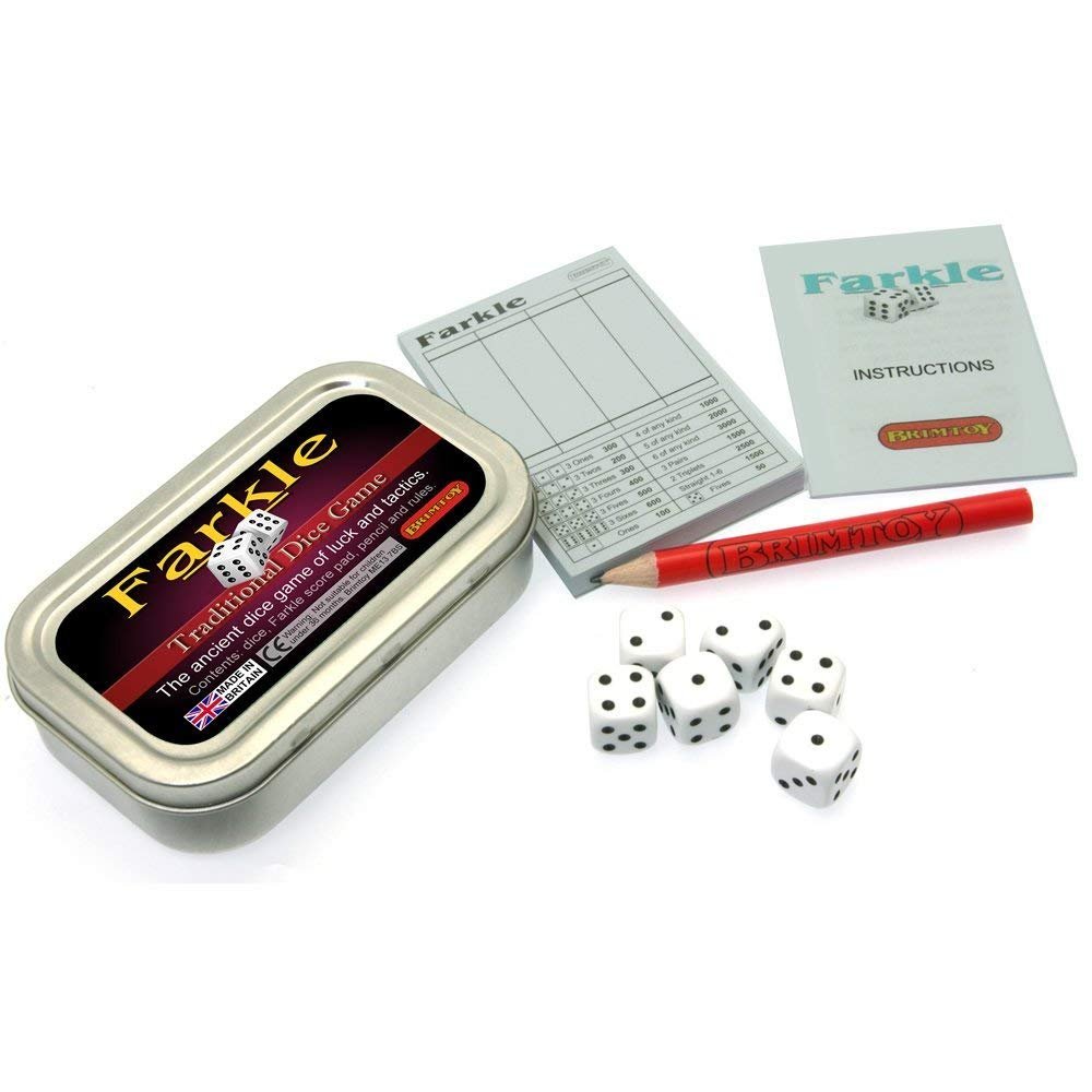 Brimtoy Pocket Version of Traditional Farkle Game - Dice Game of Luck and Tactics - Age 14+ - Supplied with 6 Dice, Pad, Pencil and Instructions in a Tin for Easy Travel