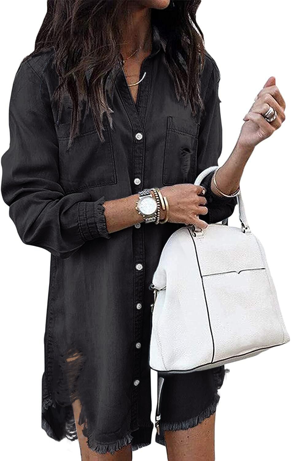 Photo 1 of Zilcremo Women Denim Shirt Dresses Long Sleeve Distressed Jean Dress Button Down Casual Tunic Top Rippedblack M