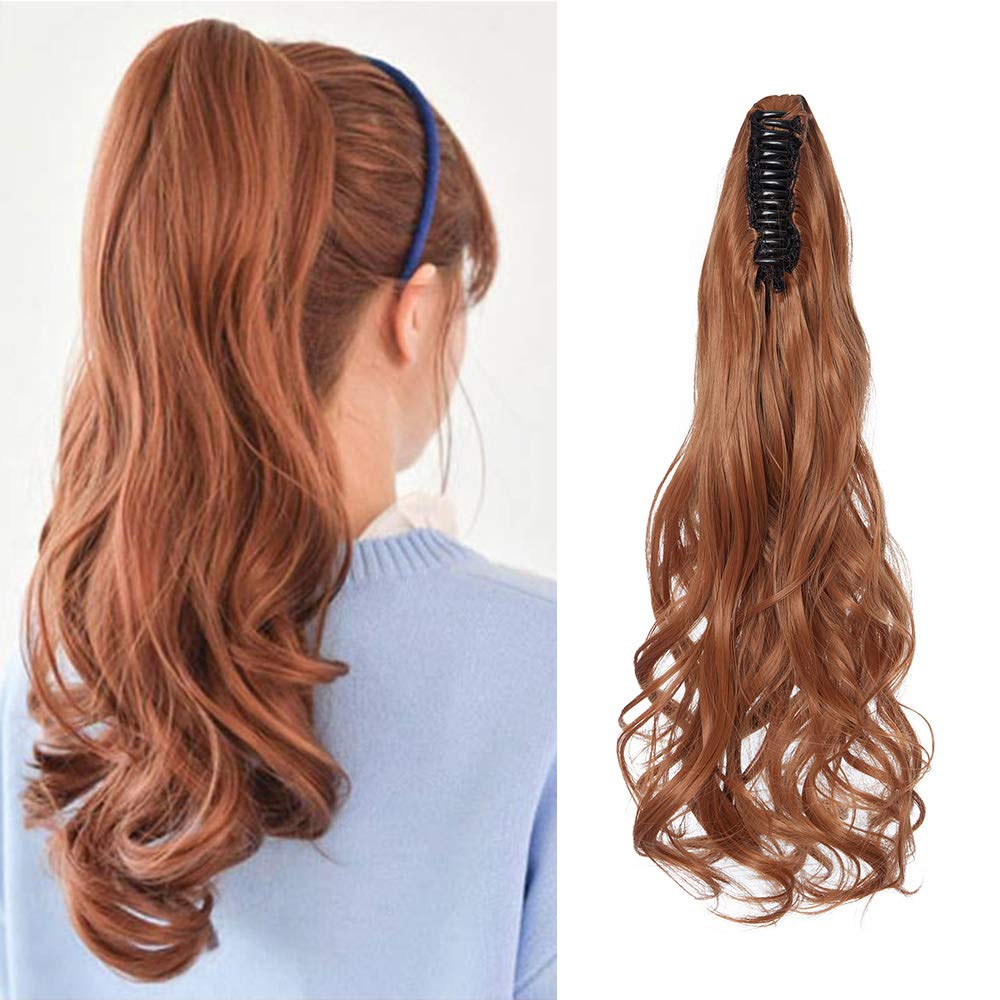 Ponytail Extensions Claw On Hair Wrap Around Ombre Clip In Hairpieces Curly Wavy For Women Ladies Beauty (18" Inch, Light Auburn) — image 1