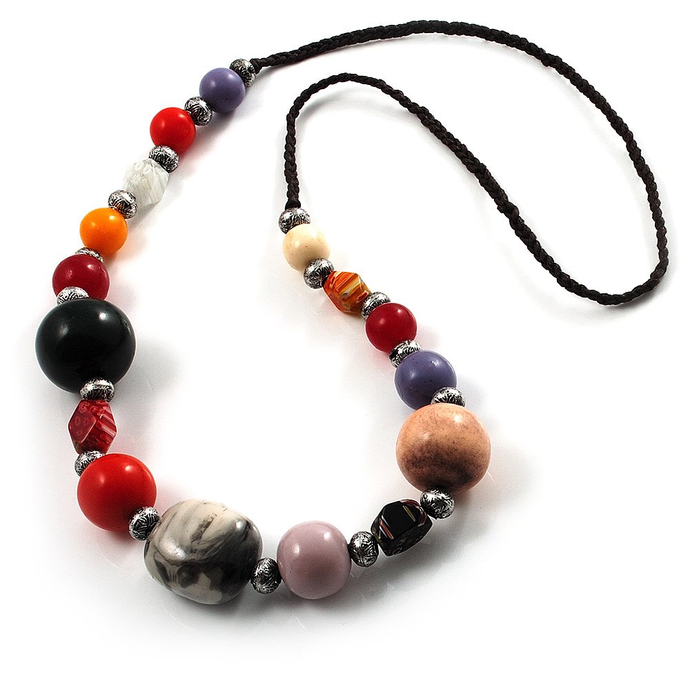 Avalaya Long Resin & Ceramic Bead Cotton Cord Necklace (Multicoloured) - 70cm L