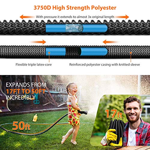 HooSeen Expandable Garden Hose, 50ft Flexible Kink-Free Water Hose with Double Latex Core, 3/4" Solid Nickel Plating Fitting and Shut Off Valve (50FT, Black) (Renewed)