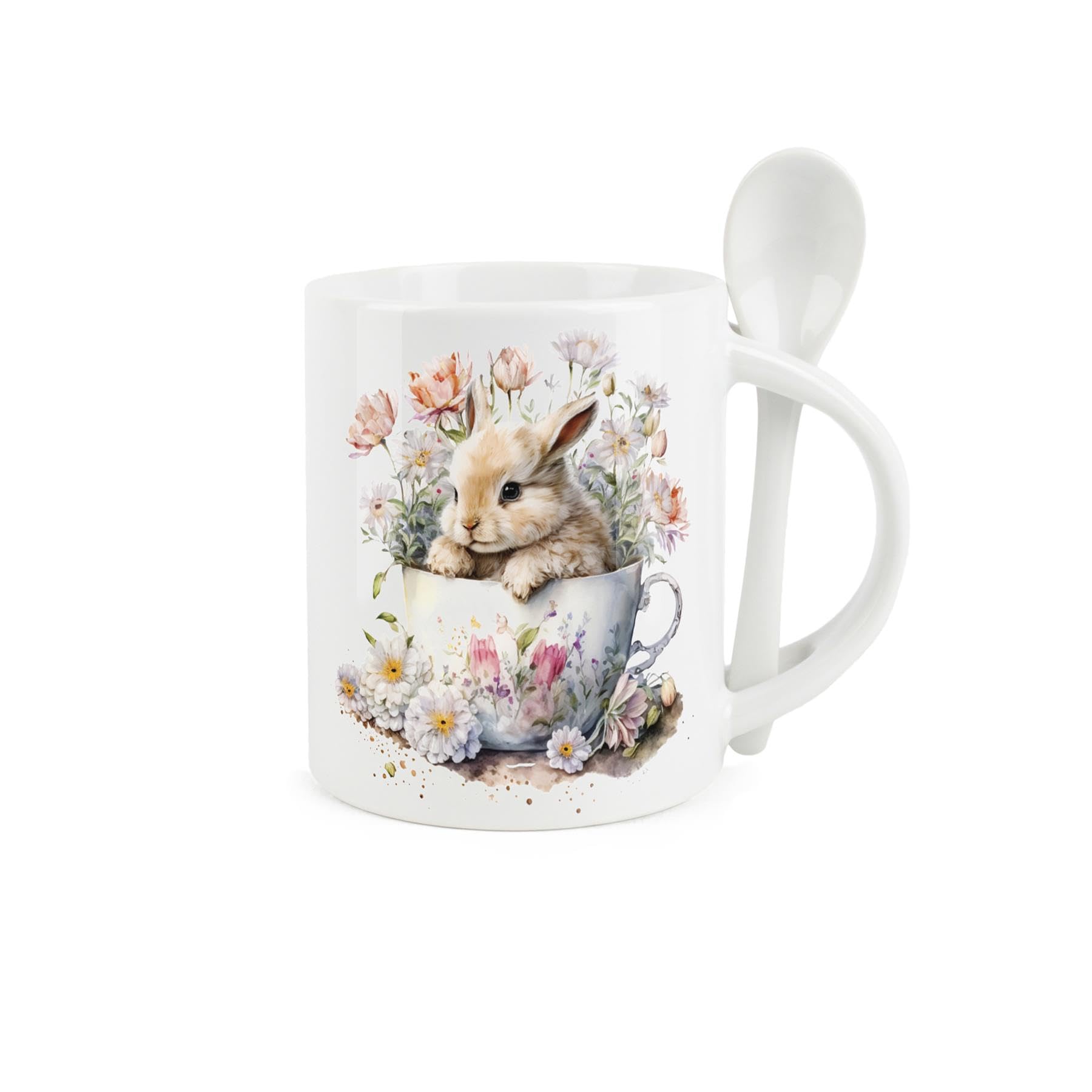 Purely Home Bunny Rabbit Mug and Spoon Set - Floral Teacup Design Ceramic White Coffee/Tea/Hot Chocolate Mug with Spoon in Handle