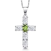 Gem Stone King 925 Sterling Silver White Moissanite and Green Peridot Cross Pendant Necklace for Women | 3.00 Cttw | Gemstone Birthstone | Oval 6X4MM | With 18 Inch Chain