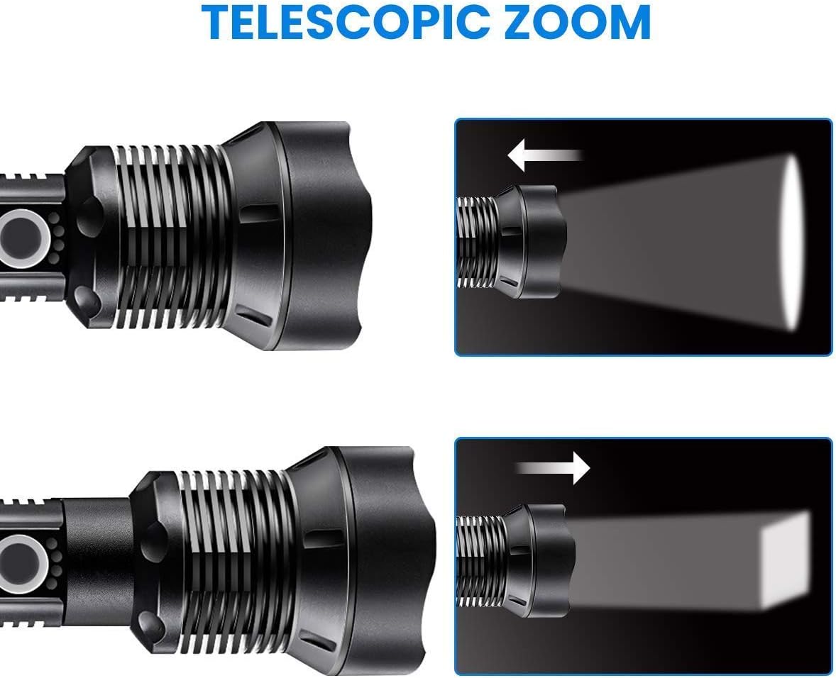 LED Flashlight, 90000 Lumens, Zoomable & Most Powerful Torch with 26650 Battery & USB Rechargeable, 3 Modes Searchlight for Outdoor or Home Emergency (P70 - Black) - - 