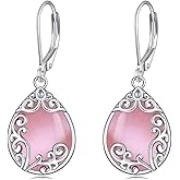 Filigree Earrings Sterling Silver Teardrop Moonstone Moss Agate Lapis Lazuli Larimar Emerald Peridot Opal Dangle Dangly Drop Leverback Earrings Boho Jewelry Gifts for Women