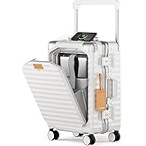 Joyway 20 Inch Carry on Luggage with Aluminium Frame and Front Pocket, PC Hardshell Suitcase with USB Port and Cup Holder, 21.5x14.2x9 Airline Approved, Luggage with Spinner Wheels and TSA Lock(White)
