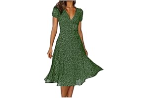 Mzkdieey Summer Dress for Women 2024 Short Sleeve V Neck Polka Dot Print Wedding Guest Dress Swing A-Line Midi Casual Dresses