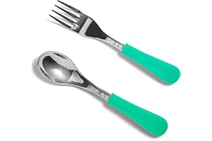 Avanchy Baby Spoons, Forks Stainless Steel and Silicone Set, Self Feeding Food Utensils, 4 Months Baby Led Weaning