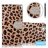 iPhone 6 Case, Tradekmk(TM) Fashion Luxury Premium PU Leather Slim Fit [Bling Crystal Leopard Print Skin] Folio Magnet Hand Strap Wallet Cover Case with Card Holders Compatible with Apple iPhone 6(4.7)-[+Stylus]-(Brown)