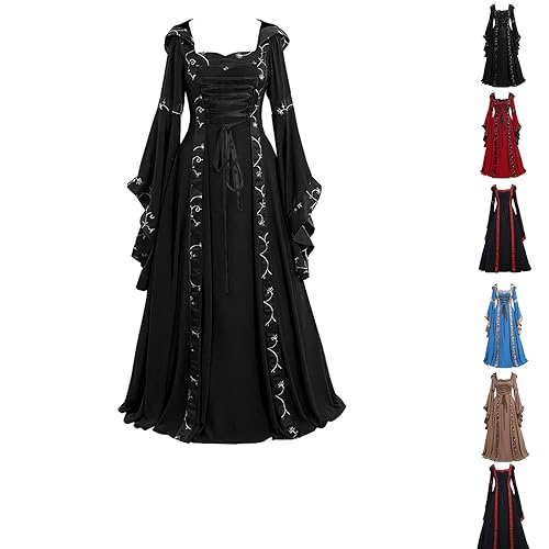 Women's Halloween Costumes Halloween Costumes for Women Medieval Dress with Flare Sleeves Vintage Victorian Renaissance Gothic Maxi Dresses for Party Scary Women12 A Black