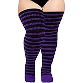 Moon Wood Plus Size Thigh High Socks for Women Knit Cotton Extra Long Striped Over the Knee High Socks Leg Warmers