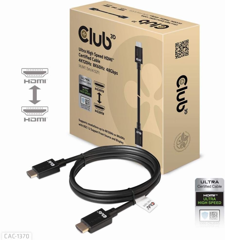 Club 3D CAC-1370 Ultra High Speed HDMI™ 4K120Hz 8K60Hz Cable 48Gbps M/M 1.5m, 1.5 Meters