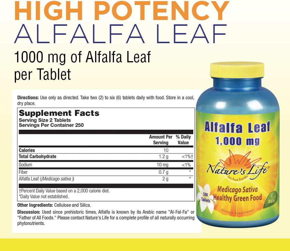Nature’s Life® Alfalfa Leaf Tablets 1000mg | Vitamin Rich Green Superfood | Non-Gmo | 500 Count: Health & Personal Care