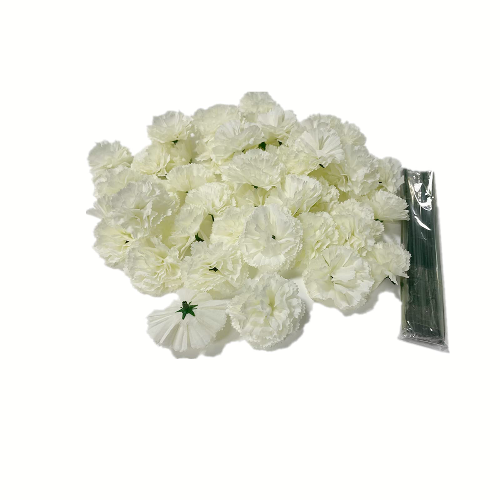Rikyo 50 Artificial Silk Carnation Flower Head with Stems Set,Vase Fillers, for Home Bridal Wedding Party Birthday Cake Ornaments,Handmade Wrist Corsage,2" Multiple Petals Heads with 8" Stems (White) — image 1
