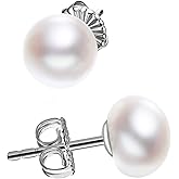 JORA Sterling Silver White Button Freshwater Cultured Pearl Stud Earrings for Women Gift