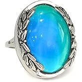 FUN JEWELS Antique Silver Color Plating Multi Color Change Oval Stone Leaf Statement Mood Ring Size 6-10 For Women
