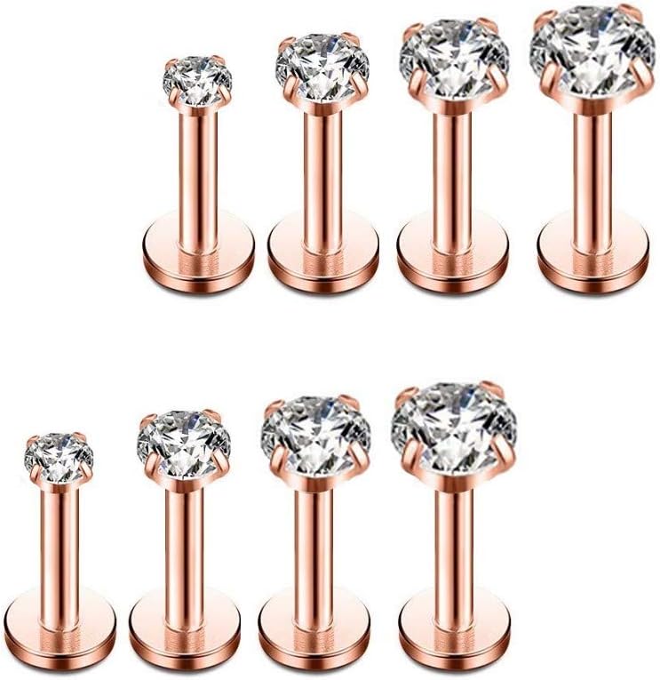 YHMM 4 Pairs 16G 2mm to 5mm CZ Lip Rings,Tragus,Helix Earring,6mm,8mm Bar Length Straight Barbells Body Piercing Jewelry for Women Girls