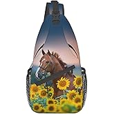 COFEIYISI Sunflower Horse Print Sling Bag Crossbody Backpack for Men Women Red Stallion in Bridle Portrait in Sunflowers Chest Bag Casual Sling Shoulder Backpack Travel Hiking Daypack Outdoors