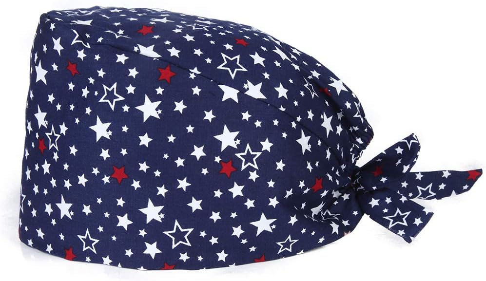 Star Patterns Lace-up Cap Adjustable Bouffant Scrub Caps Surgical Sweatband Cap Doctor Nurse Surgery Cap Headwear Woman/Man