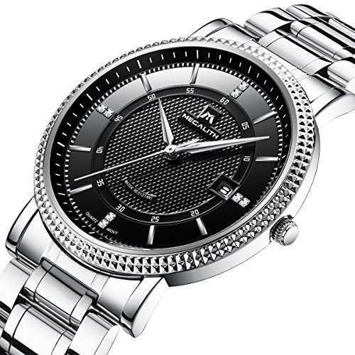 Mens Black Wrist Watches Men Waterproof Silver Stainless Steel Watches Date Luxury Thin Watch for Men