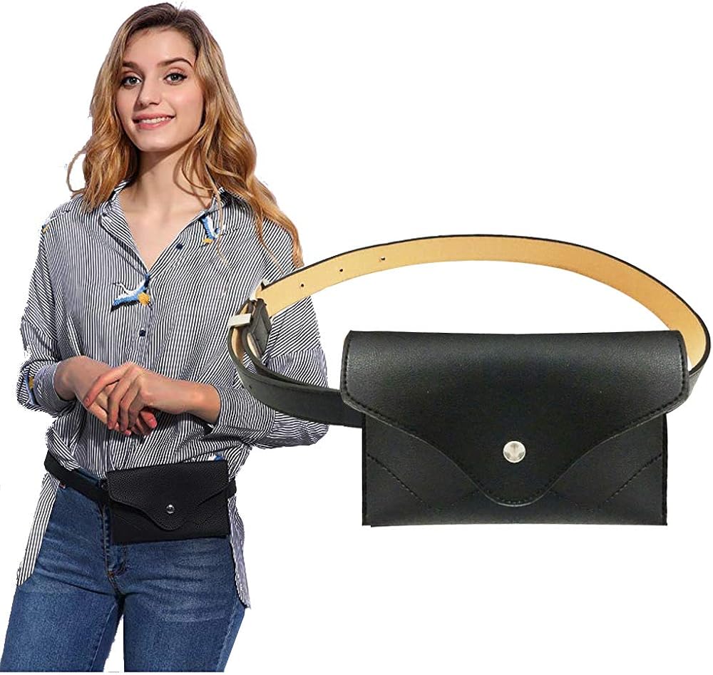 Famhome Women leather fanny pack, removable Belt with MINI Purse Travel Cell Phone Bag, Simple-black