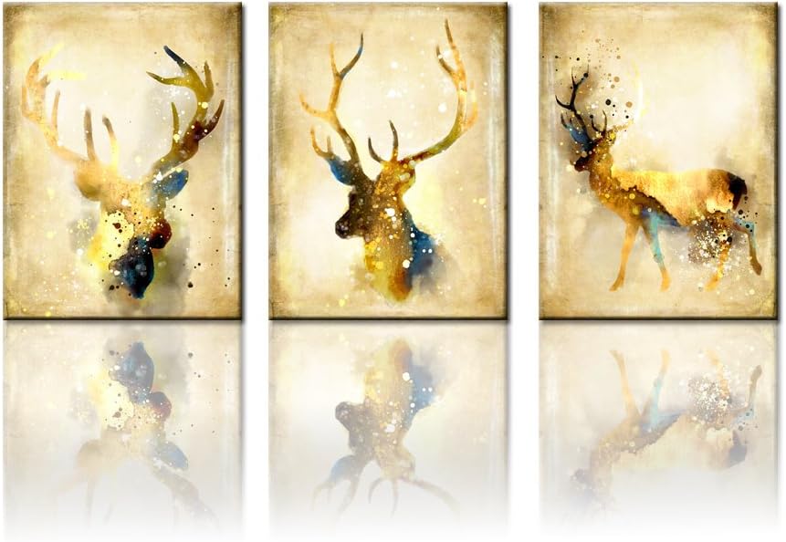 3 Pieces Elk Wall Art Print on Canvas Vintage Deer Head Painting Posters Framed and Ready to Hang (12x16inchx3)