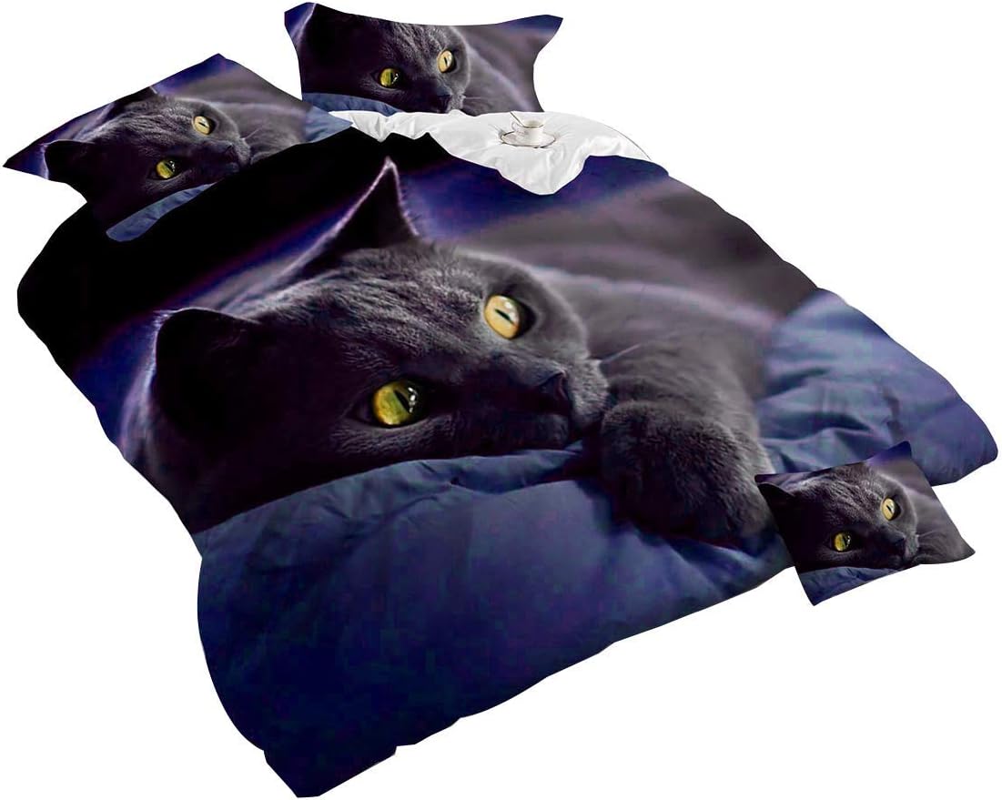 Duvet Cover Set 4Piece Dark Night Black Cat 3D Bedding Set Animal Prints Double Size Comforter Quilt Cover,Bed Sheet King Size Bed with Pillow Cover for Kid Adult