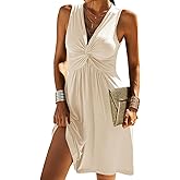 Veatzaer Women's V Neck Front Knotted Sleeveless Tank Dress Summer Solid Casual A Line Dress