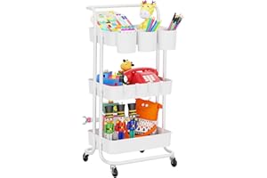 LEHOM 3-Tier Rolling Utility Cart with Hanging Cups & Hooks & Handle, Plastic Art Cart Organizer Storage with Wheels, Easy Assembly for Office, Bedroom, Kitchen, Bathroom, Laundry (White)