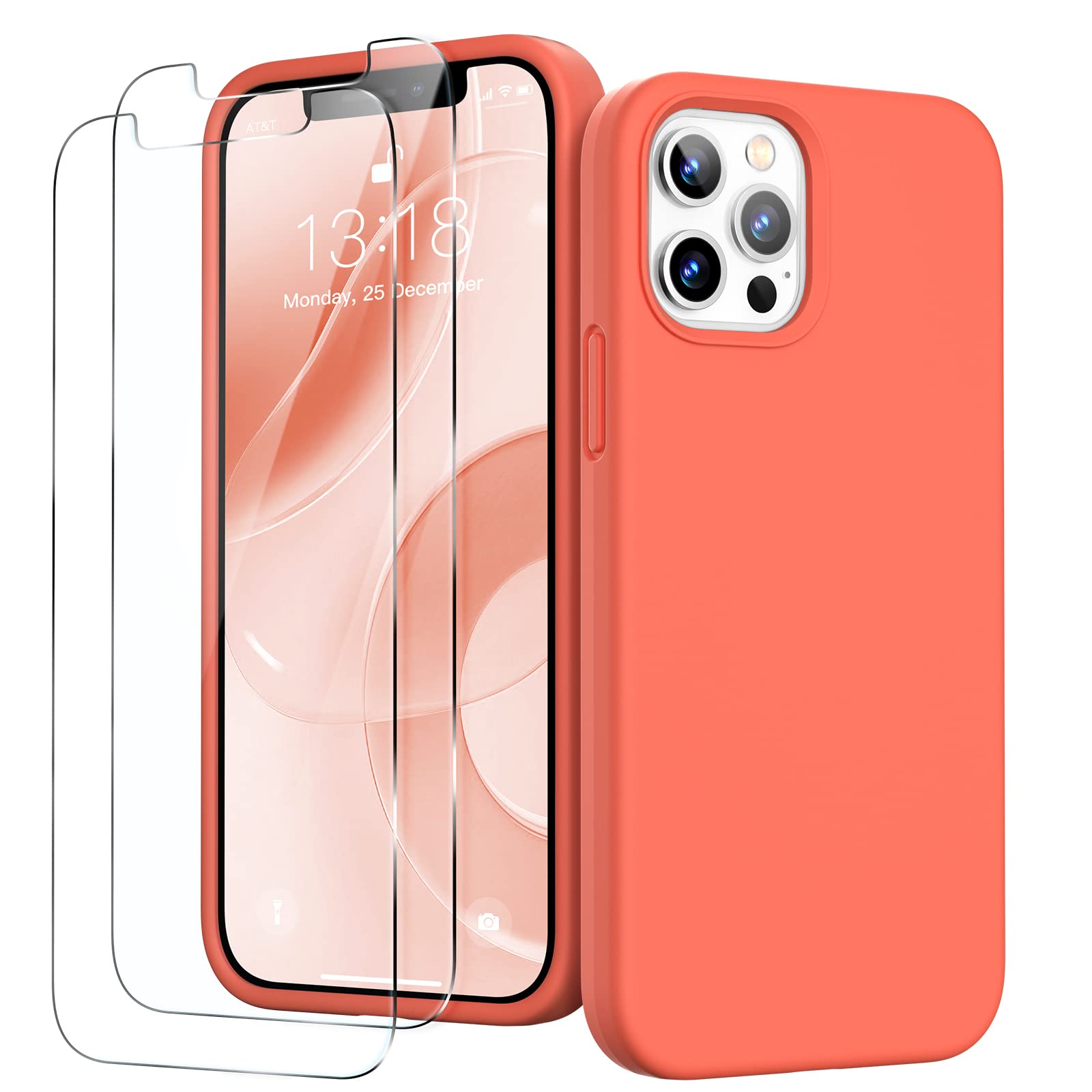 GOODVISH 3 in 1 for iPhone 12 Pro Max Case Liquid Silicone with 2x Screen Protector, Anti-Scratch Full covered Microfiber Lining Shockproof Protective Slim Phone Case Cover 6.7", Reddish Orange — image 1