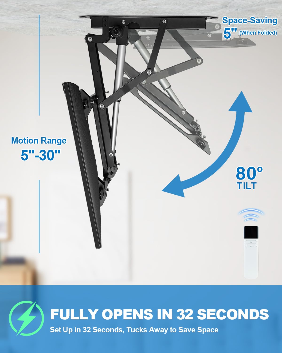 TOPSKY Electric Adjustable Ceiling TV Mount with Remote, Motorized Flip Down Fits for Flat and Pitched Roof and 32 to 70 Inch Flat and Curved Screen TVs (Black)
